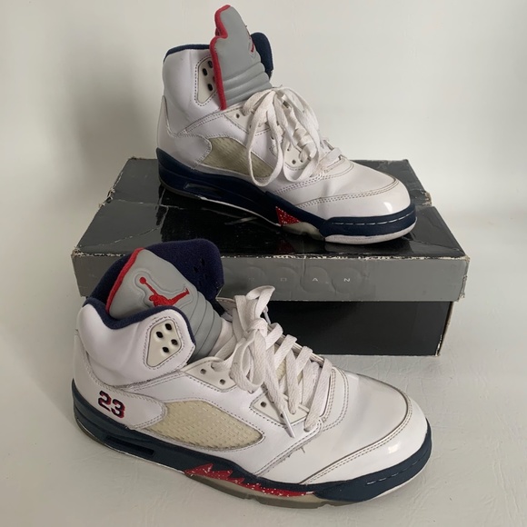 Nike Air Jordan 5 Retro White/Varsity Red-Mid Navy 9 - Picture 1 of 10